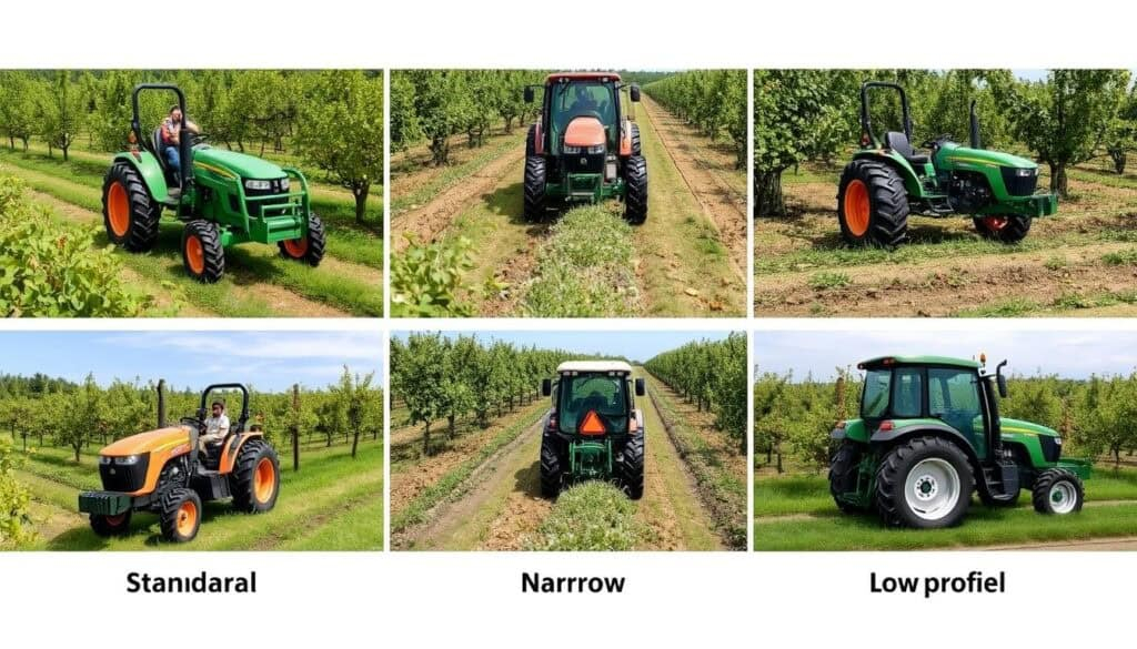 Different types of orchard tractors working in various orchard settings