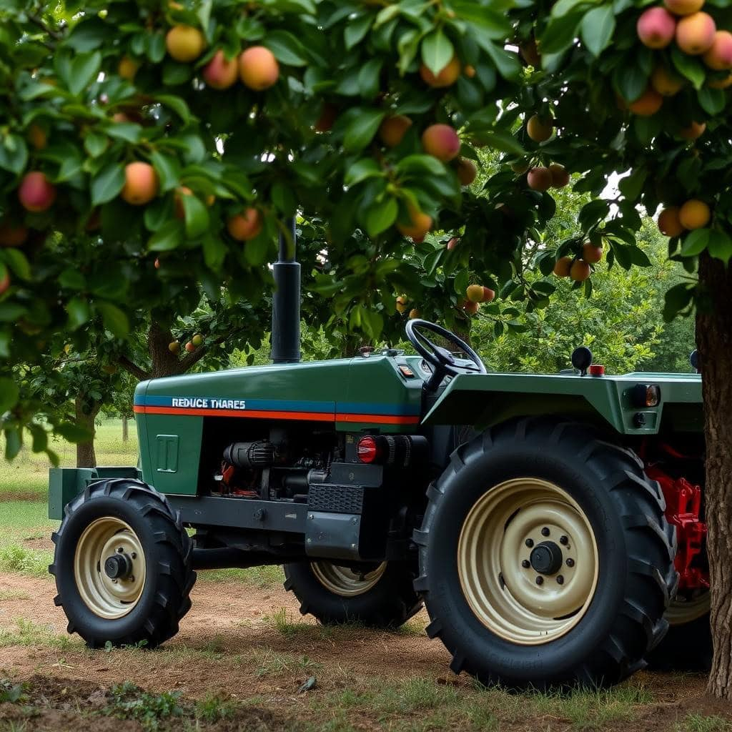 Low profile orchard tractor passing under fruit tree branches