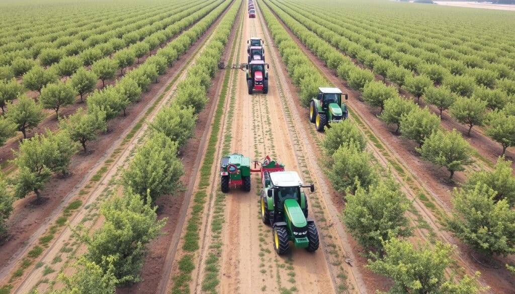Modern orchard with specialized tractors performing multiple orchard tractor applications simultaneously