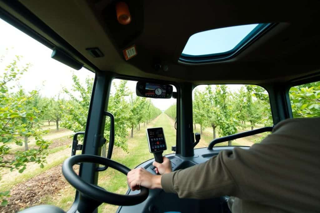 Operator using electronically controlled joystick in orchard tractor cabin
