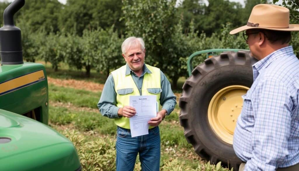 Orchard manager evaluating tractor specifications for their specific orchard layout