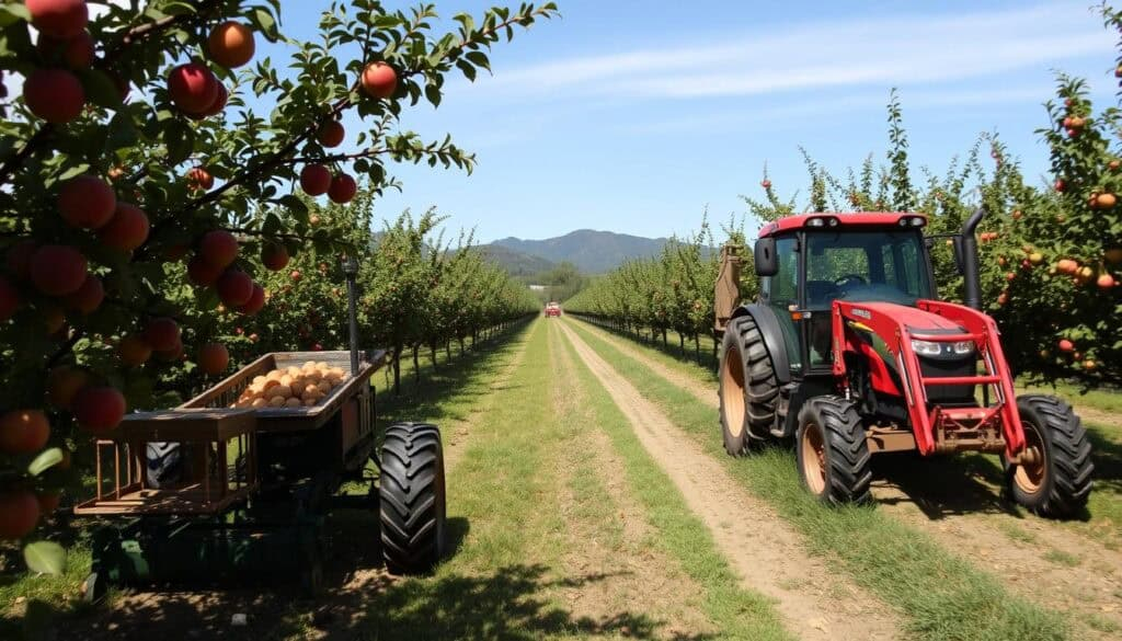 Orchard tractor applications improving harvest efficiency in commercial fruit orchard