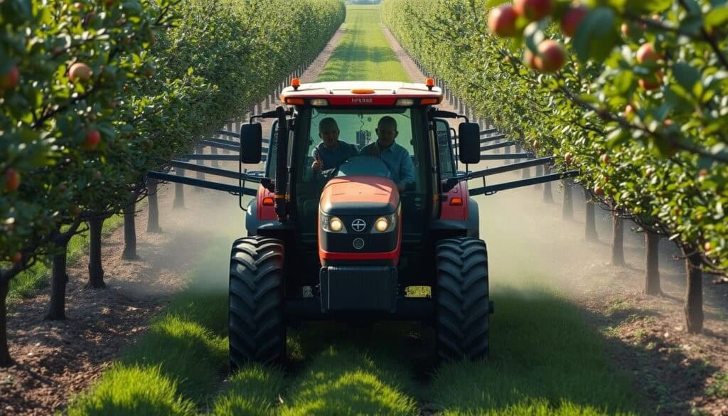 Orchard tractor performing multiple applications in fruit orchard