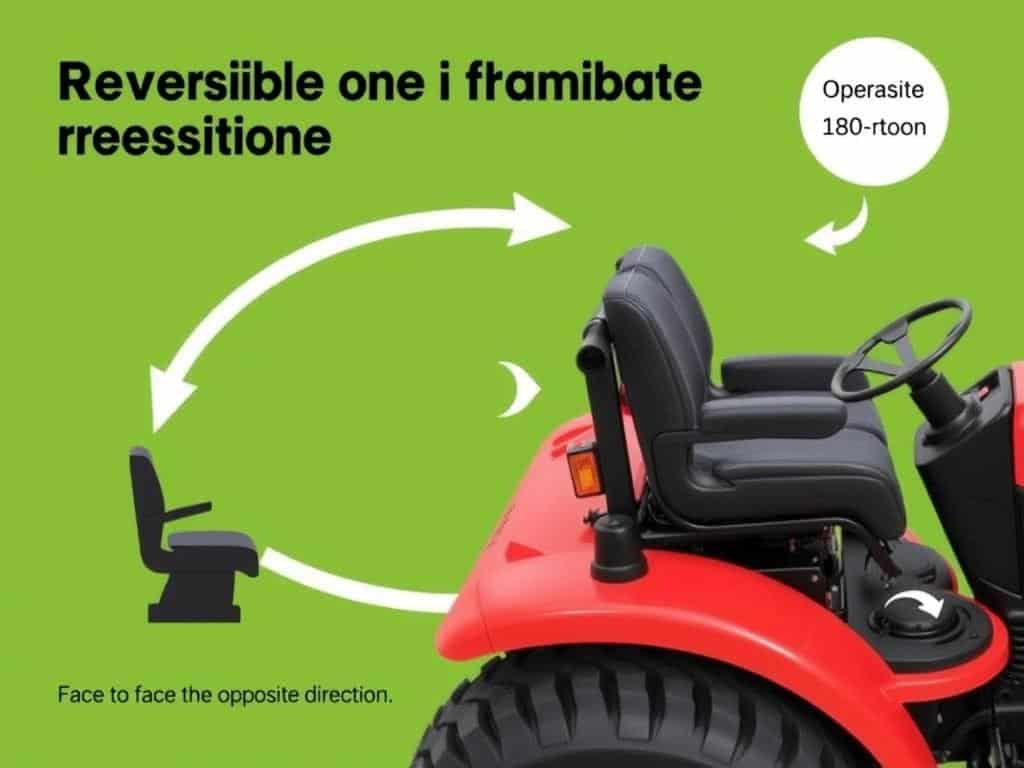 Orchard tractor with reversible driving position showing 180-degree rotating seat
